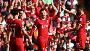 Empat gol Liverpool masing-masing dicetak oleh Mohamed Salah, Andy Robertson, Cody Gakpo, dan Harvey Elliott. (Darren Staples / AFP)