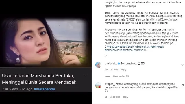 Marshanda unggah kabar hoax yang menyebutnya meninggal dunia. (Foto: Instagram/marshanda99)