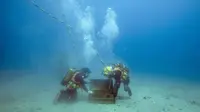 Penyelam mengambil botol anggur yang disimpan di dasar Laut Mediterania, Saint-Mandrier di Prancis, setelah percobaan penyimpanan satu tahun, 15 Mei 2017. Percobaan guna mengetahui dampak jika botol anggur itu disimpan lama di dalam air (Boris HORVAT/AFP)