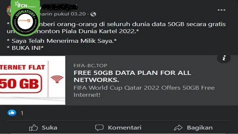 Gambar Tangkapan Layar Kabar Hoaks FIFA Bagikan Kuota Internet 50 GB Gratis untuk Nonton Piala Dunia Qatar 2022 (sumber: Facebook).