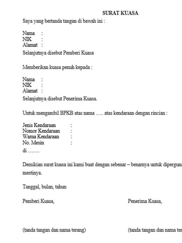 Contoh surat kuasa pengambilan BPKB
