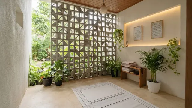 Desain mushola kecil dalam rumah yang sejuk meski tanpa kipas dan bikin ibadah keluarganya nyaman model dengan roster dinding