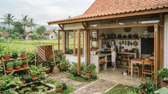 Desain rumah kampung dengan taman kecil di samping yang jadi definisi hunian slow living model taman samping dengan dapur terbuka