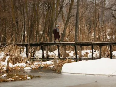 Seorang gadis berjalan di jembatan kayu menuju sekolah di Srinagar, Kashmir yang dikuasai India (7/1). Musim salju telah mengakibatkan gangguan lalu lintas udara dan lalu lintas jalan antara Srinagar dan Jammu. (AP Photo/Mukhtar Khan)