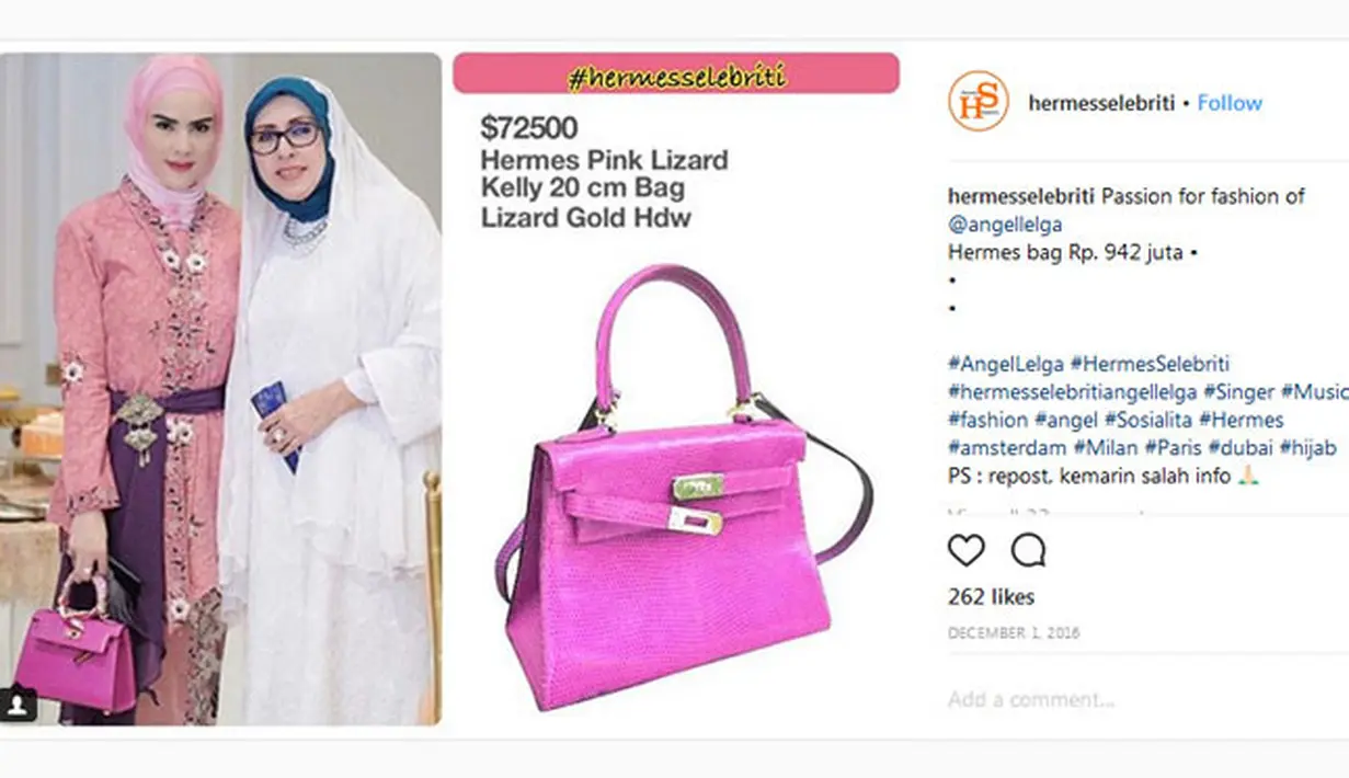 Melhat dari akun Instagram Hermesselebriti, koleksi tas Angel Lelga memang sangat mengejutkan. Bahkan hingga milyaran rupiah. Nah, kalau untuk tasnya yang satu ini harganya mencapai Rp 942 Juta. (Instagram/hermesselebriti)