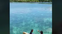 Viral Bocah Perempian Mendayung di Pantai Pulau Bacan, Airnya Super Jernih dan Disebut Seperti di Negeri Dongeng.&nbsp; foto: TikTok @selenophile3260