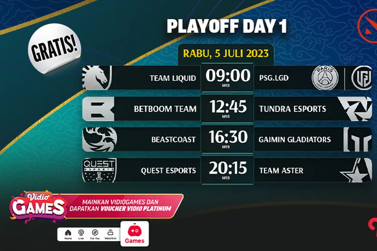 Link Live Streaming DOTA Bali Major 2023 Rabu 5 Juli di Vidio : Beastcoast vs Gaimin Gladiators