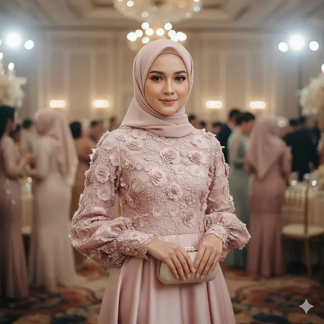 Gamis Satin Blush Pink dengan Bordir Lace 3D Motif Bunga