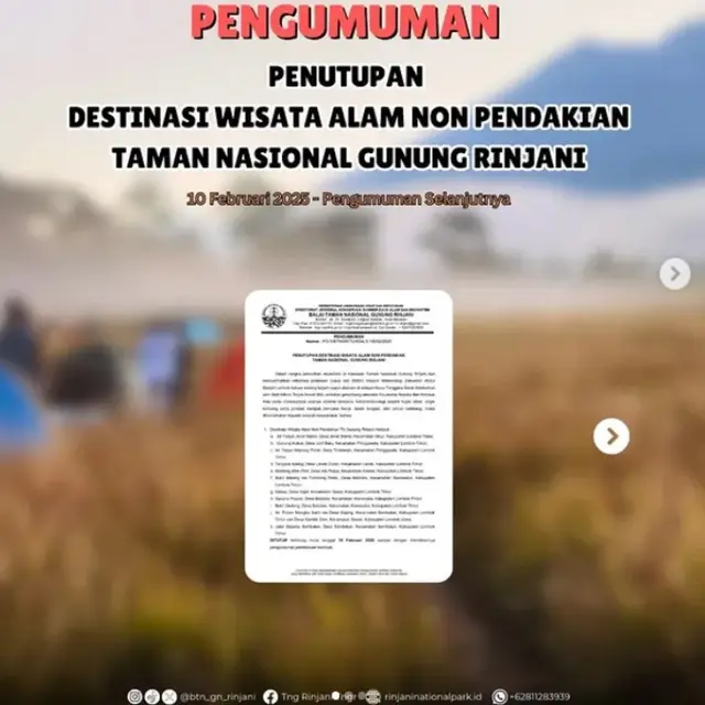 Dampak Cuava Ekstrem, 11 Tempat Wisata Nonpendakian di Gunung Rinjani Ditutup Sementara.  foto: Instagram @btn_gn_rinjani