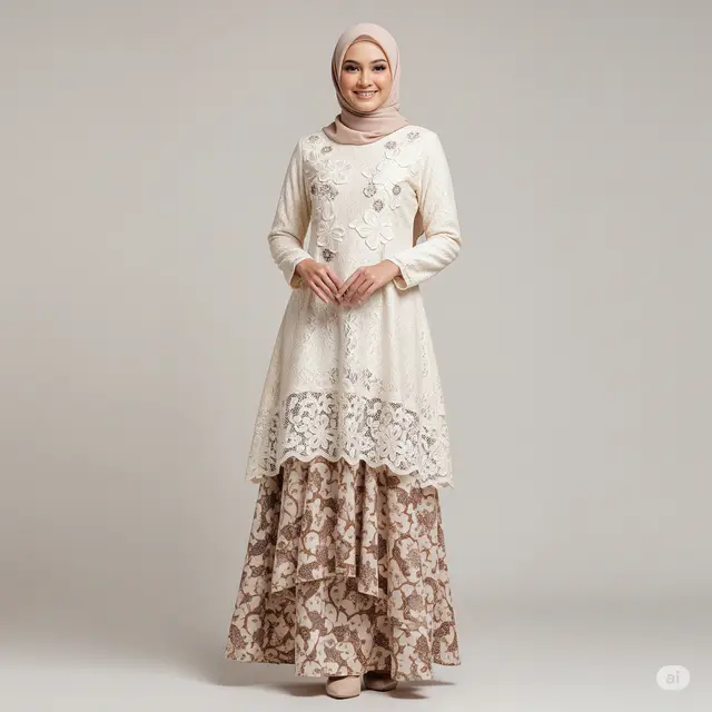 Inspirasi Dress Batik Brokat Tumpuk Dua Motif.