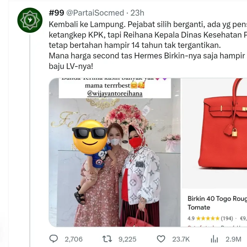 Reihana Kadinkes Lampung viral di internet karena mengenakan tas mewah dan bernampilan nyentrik dengan model hijab unik.