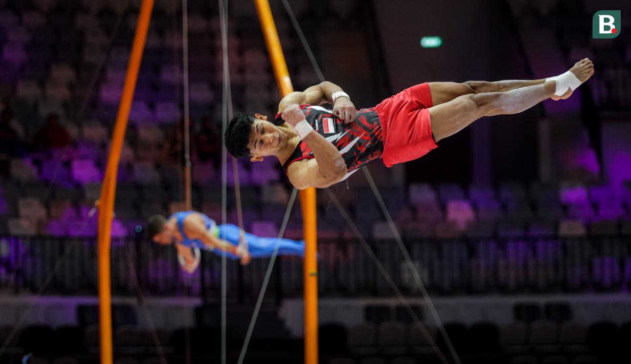 <p>Pesenam putra Indonesia, Satria Tri Wira Yudha beraksi pada nomor senam lantai dalam Kejuaraan Dunia Gimnastik 2025 di Indonesia Arena, Senayan, Jakarta, Senin (20/10/2025). (Bola.com/Bagaskara Lazuardi)</p>