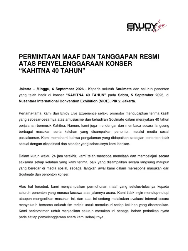 Klarifikasi pihak Promotor konser Kahitna