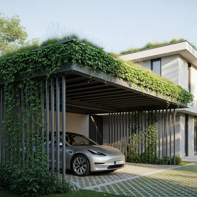 Desain Carport Minimalis dengan Tanaman Pembatas (Image by Gemini AI)