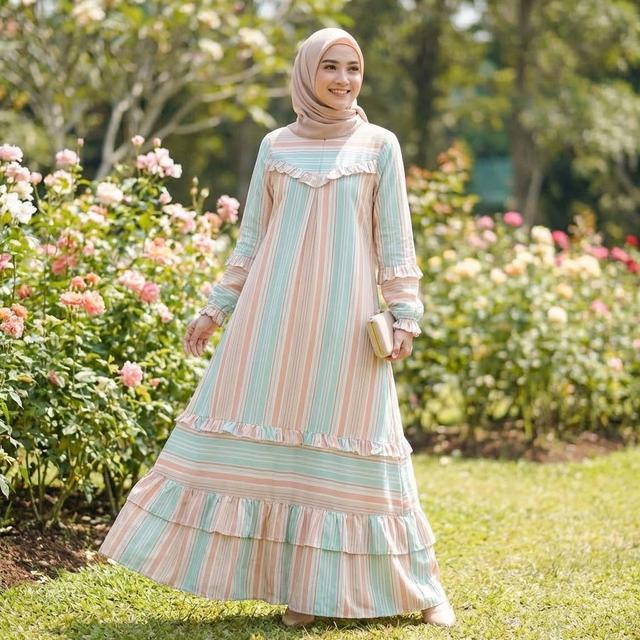 8. Gamis Kombinasi Garis dengan Detail Ruffle