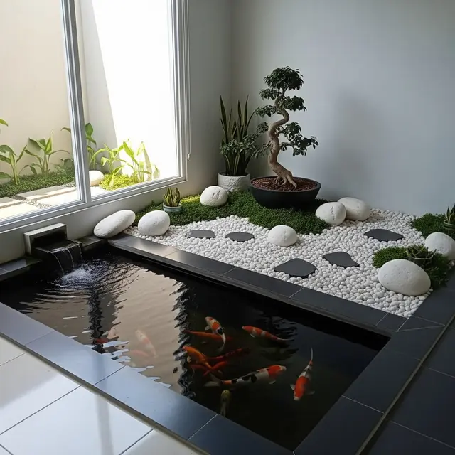 9 Model Taman Kering dan Kolam Ikan Sudut Dalam Rumah yang Mudah Dirawat