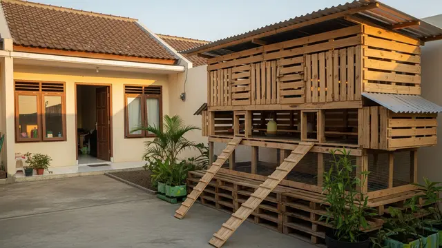 Desain Kandang Ayam Pedaging di Belakang Rumah Model Kayu Palet Bekas