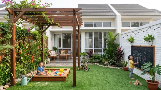 Ide Halaman Belakang dengan Pergola dan Taman Mini