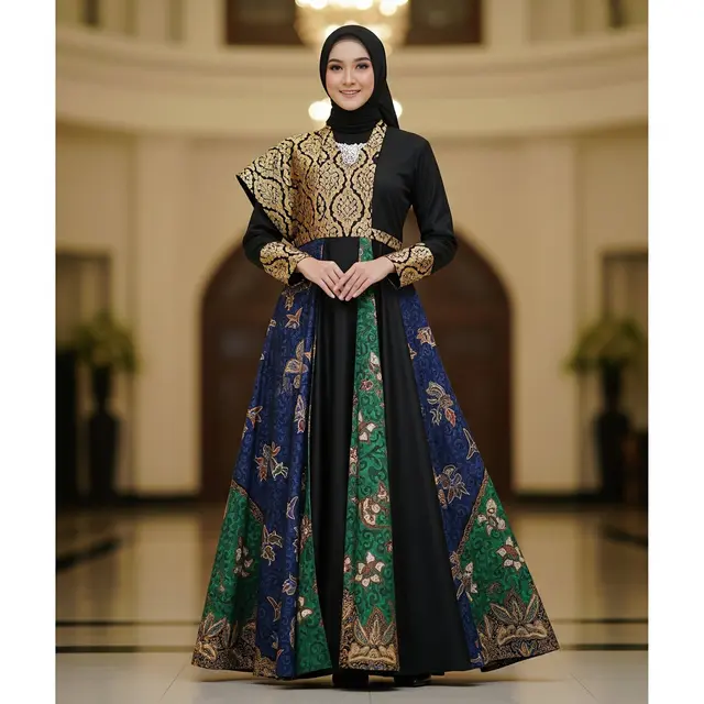 Gamis Batik Kombinasi Brokat dan Polos
