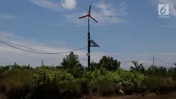 Kincir angin dan panel tenaga surya di Desa Kampung Laut Kabupaten Cilacap, Kamis (8/2). Kincir angin yang diinisiasi Serikat Pekerja Patra Wijaya Kusuma Pertamina ini, menghasilkan listrik yang dapat dipergunakan masyarakat. (Liputan6.com/JohanTallo)