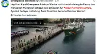 Rainbow Warrior III tiba di Pelabuhan Pelindo, Manokwari, Papua Barat. Kapal milik organisasi lingkungan global Greenpeace ini akan menjelajahi Indonesia dengan tema Jelajah Harmoni Nusantara. (Screenshot: Twitter/@GreenpeaceID)