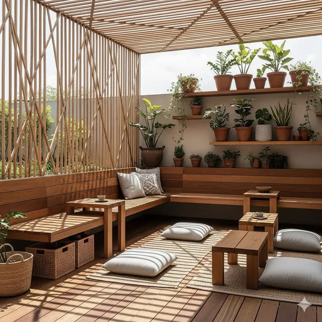 Lesehan di Bawah Pergola Kayu