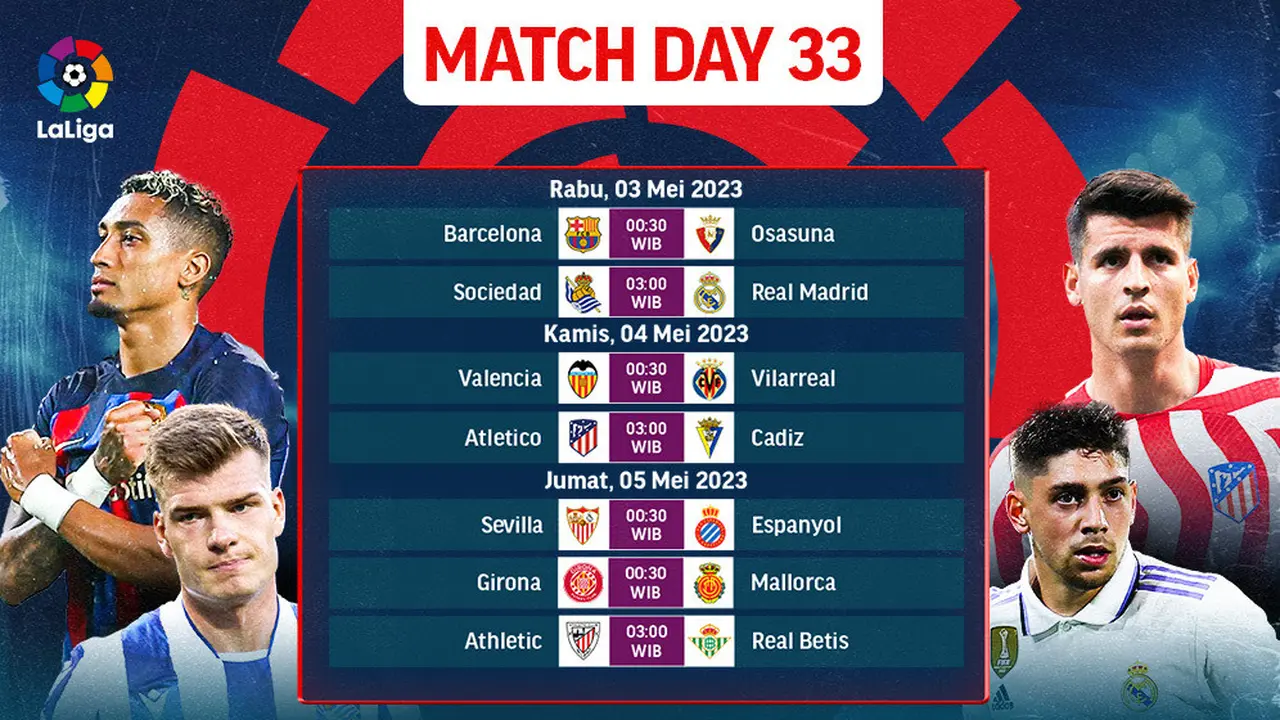 Jadwal dan Live Streaming Liga Spanyol Matchday 33 di Vidio, 3-5 Mei 2023