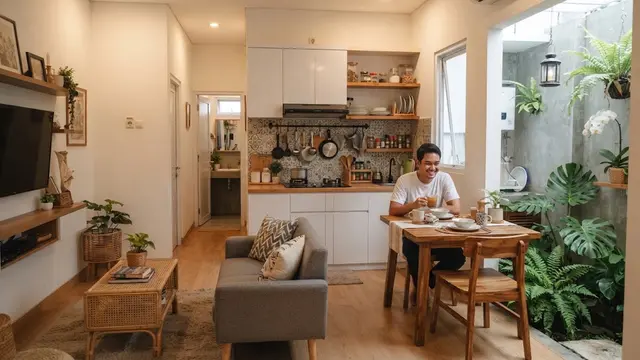 Desain rumah kecil di lahan sempit dengan dapur belakang yang cocok untuk pengantin baru model dapur dengan ruang makan menyatu.