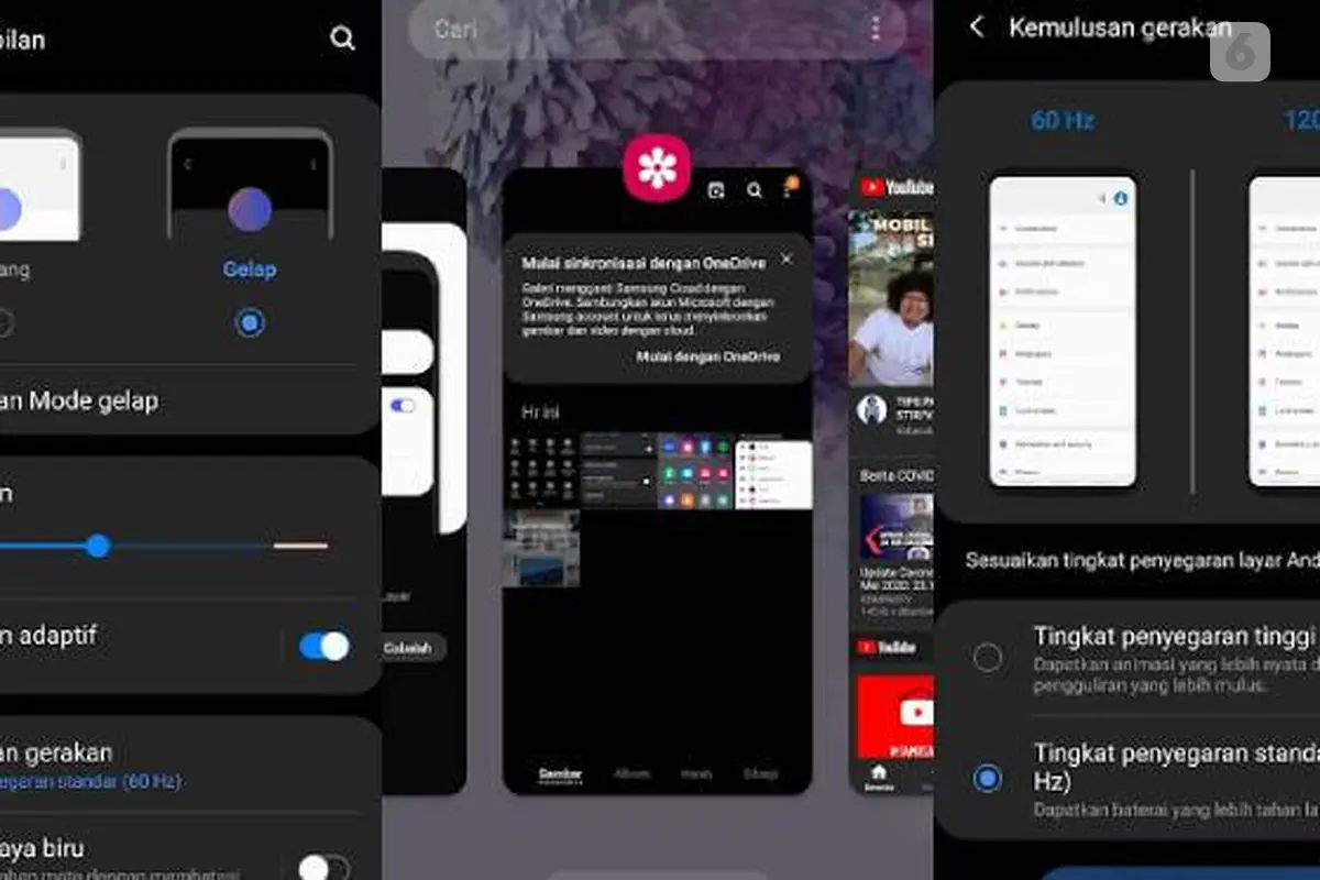 Dark mode dan pengaturan refresh rate di One UI 2.1. Liputan6.com/Iskandar
