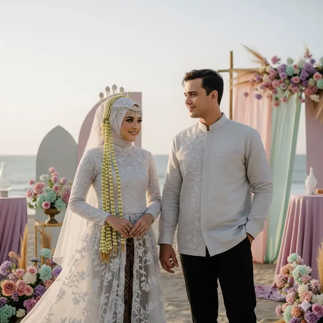 Couple Ethereal: Gamis Brokat Tile + Koko Linen dengan Detail Brokat