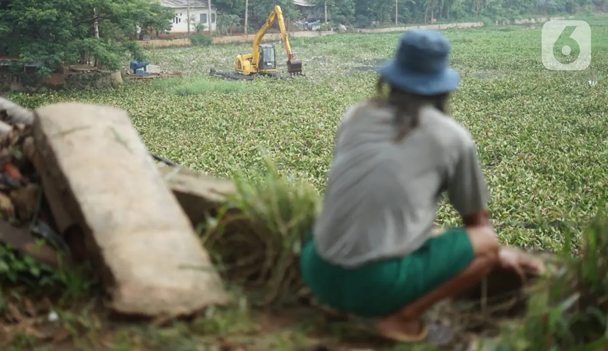 Petugas menggunakan alat berat untuk mengeruk eceng gondok yang memenuhi permukaan Setu Pengarengan, Depok, Jawa Barat, Senin (16/12/2019). Pengerukan dilakukan untuk membersihkan Setu Pengarengan dari eceng gondok yang tumbuh selama kurang lebih satu tahun terakhir. (Liputan6.com/Immanuel Antonius)