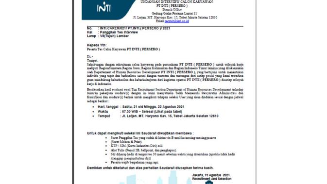 Cek Fakta Liputan6.com mendapati informasi surat panggilan seleksi calon karyawan PT Inti (Persero)