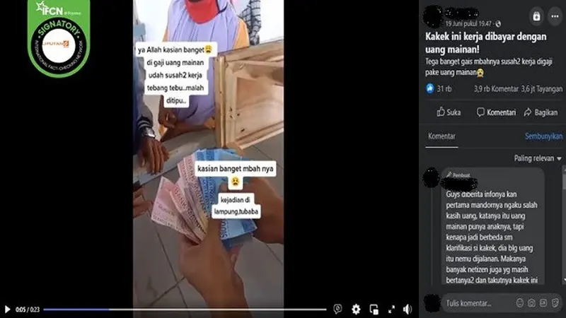 Gambar Tangkapan Layar Video Seorang Kakek Bekerja dan Mengaku Dibayar dengan Uang Mainan (sumber: Facebook).