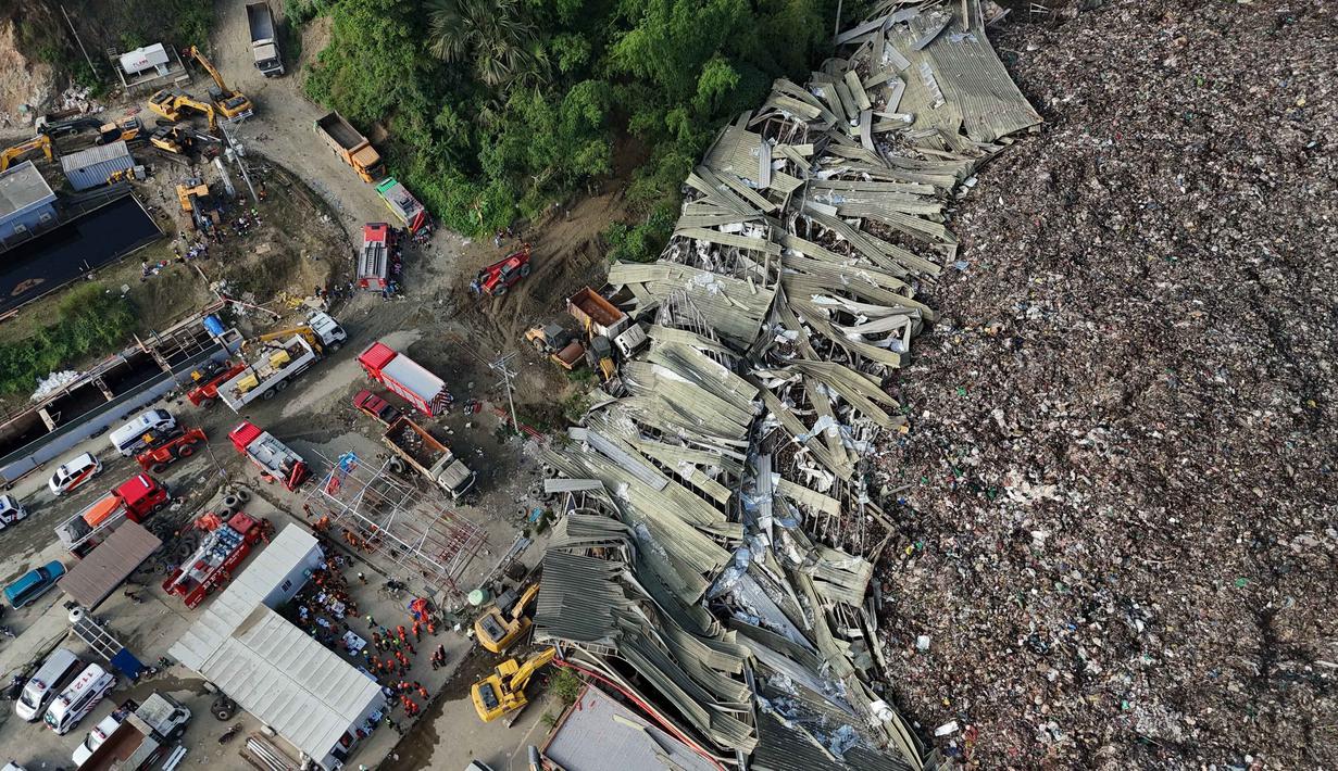 Penumpukan volume sampah yang sangat besar (setinggi sekitar empat lantai) membuat struktur tanah menjadi tidak stabil. Tampak foto udara memperlihatkan tumpukan sampah besar yang runtuh di fasilitas pemilahan sampah di Binaliw, Kota Cebu, Filipina, Jumat 9 Januari 2026. (AP Photo/Jacqueline Hernandez)