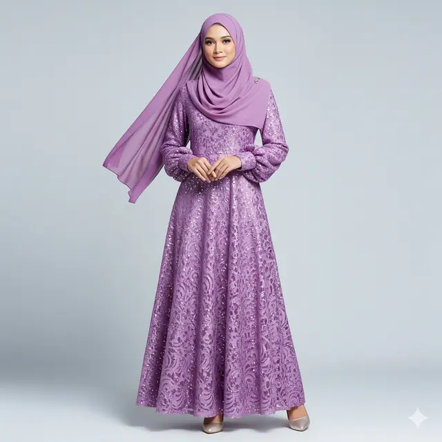 Gamis Pesta Kombinasi Brokat Full Payet. (via Gemini)
