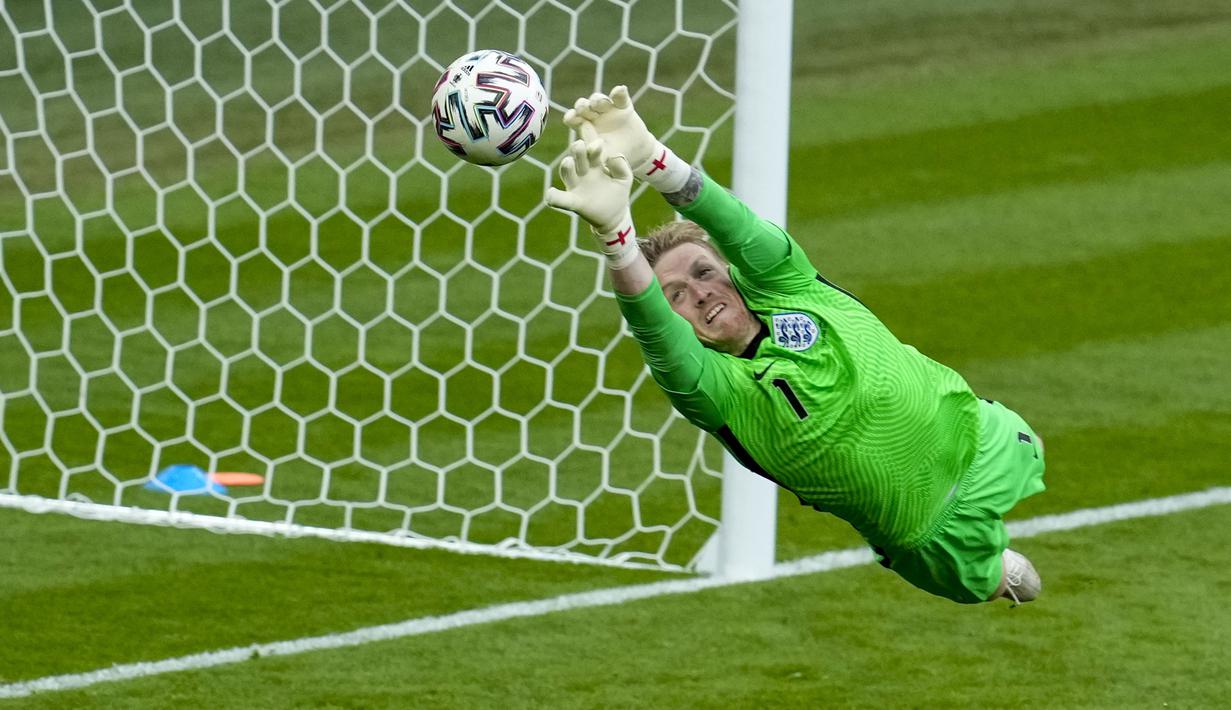 Ada catatan fantastis Timnas Inggris di sepanjang Euro 2020. Ternyata, gawang yang dikawal Jordan Pickford belum pernah kebobolan satu pun gol di turnamen ini. (Foto:AP/Matt Dunham,Pool)