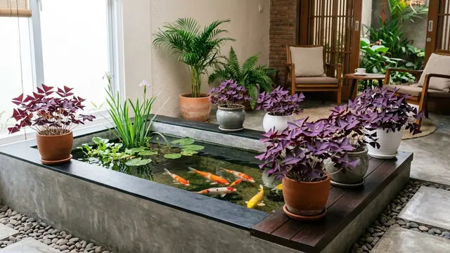 Inspirasi Kolam Minimalis dengan Tanaman Pinggir Berwarna Ungu
