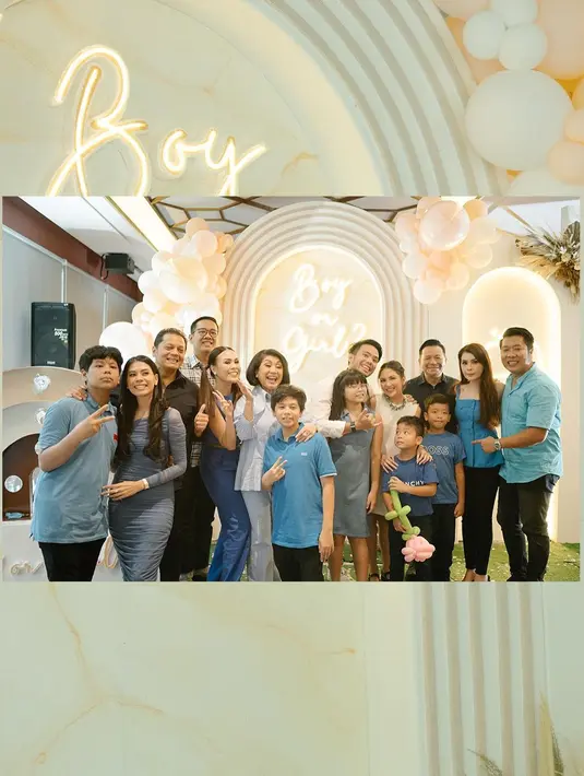 Para tamu undangan yang hadir mengenaka kostum warna sesuai dengan tebakannya. Biru untuk anak laki-laki dan pink atau merah muda untuk anak perempuan.  [Instagram/jscmila]