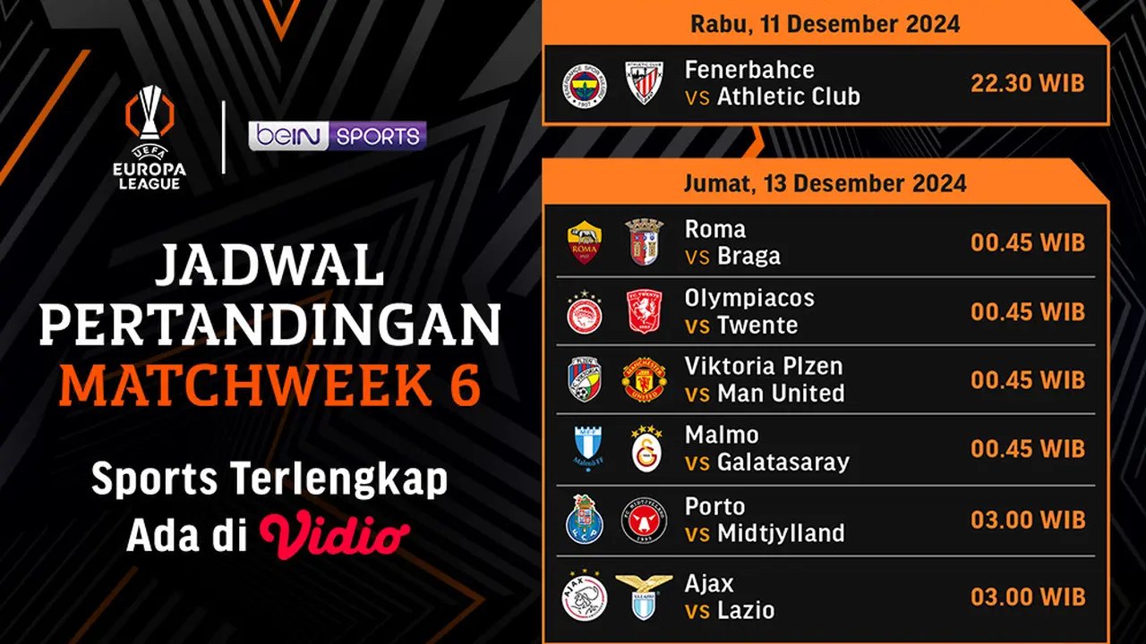 Jadwal pertandingan Liga Europa 2024/25 Matchweek 6 di Vidio