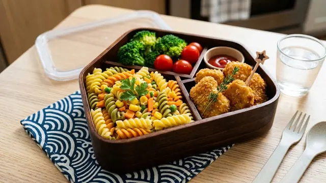 Bento Nugget Ayam dengan Pasta Warna-warni