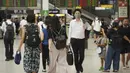 Orang-orang yang memakai masker untuk membantu mengekang penyebaran virus corona COVID-19 berjalan di sekitar Stasiun Ueno, Tokyo, Jepang, Jumat (6/8/2021). Tokyo berada dalam keadaan darurat virus corona COVID-19 sejak pertengahan Juli. (AP Photo/Kantaro Komiya)
