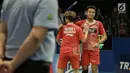 Ekspresi Ganda Campuran Indonesia, Tontowi Ahmad/Liliyana Natsir usai pertanding melawan Tan Kian Meng/Lai Pei Jing (Malaysia) di perempat final Indonesia Open 2017 di Jakarta, Jumat (16/6). (Liputan6.com/Faizal Fanani)