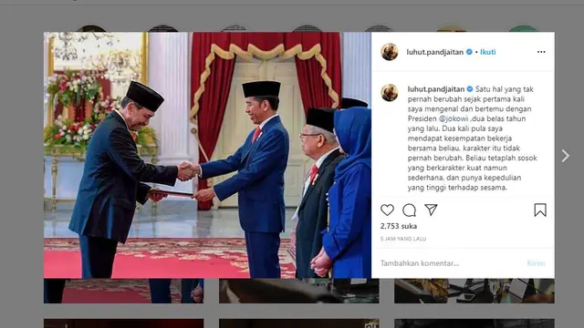 Ucapan ulang tahun dari Menteri Koordinator Bidang Kemaritiman dan Investasi Luhut Binsar Pandjaitan untuk Presiden Joko Widodo atau Jokowi.