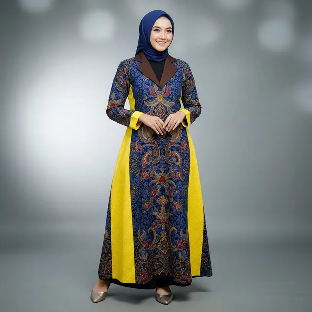 Model Gamis Batik Blazer Kombinasi Warna Kontras