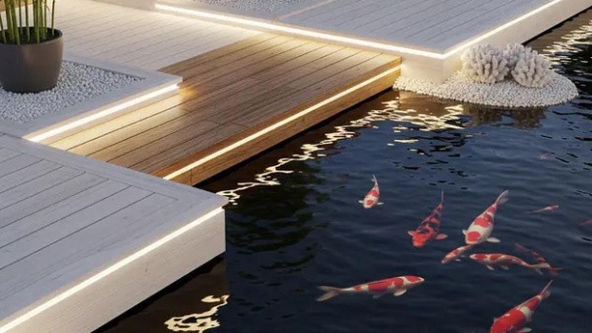 7 Desain Kolam Ikan Minimalis dengan Lampu Taman yang Hangat, Inspirasi Percantik Hunian
