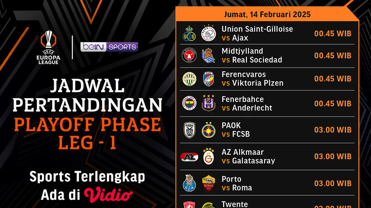 Jadwal Siaran Langsung Liga Europa 2024/25 Babak Play-off di Vidio