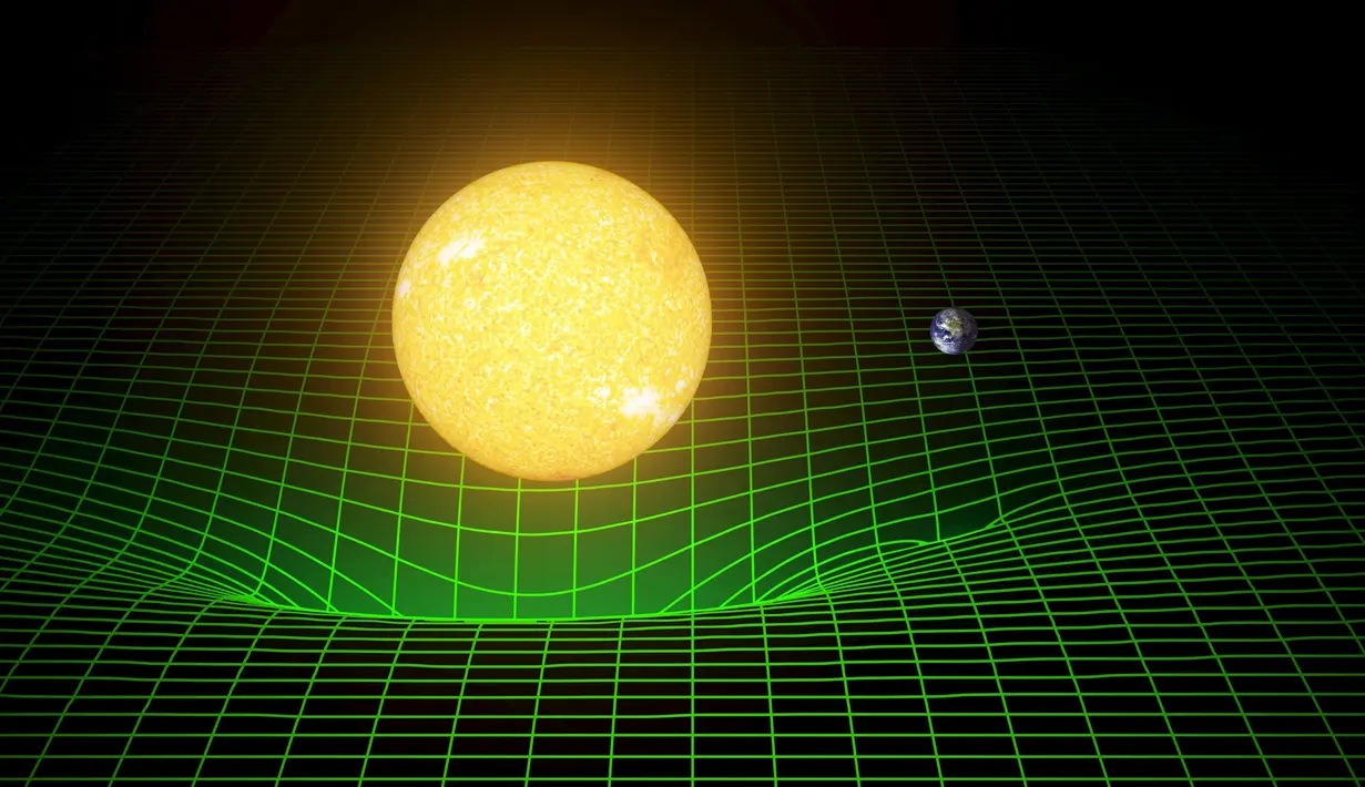 Gambar menunjukan bumi dan matahari beserta waktu yang diwakili oleh garis hijau, Washington, (11/2). Para ilmuwan baru - baru ini menemukan adanya gelombang gravitasi yang sebelumnya telah di ungkap oleh Albert Einstein. (REUTERS / Caltech)