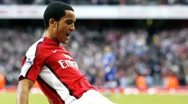 Arsenal&#039;s striker Theo Walcott celebrates after scoring against Everton during their Premier League football match at the Emirates Stadium, London, on October 18, 2008. AFP PHOTO/Glyn Kirk