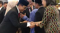 Menteri Keuangan (Menkeu) Sri Mulyani Indrawati menghadiri pengambilan sumpah jabatan anggota Badan Pemeriksa Keuangan (BPK) di Kantor Mahkamah Agung. (Istimewa)