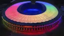 Olympic Stadium diterangi warna pelangi di Berlin, Jerman, Rabu (23/6/2021). UEFA melarang Kota Munich untuk menerangi Allianz Arena dengan warna pelangi selama pertandingan antara Jerman dan Hungaria di Euro 2020. (AP Photo/Michael Sohn)
